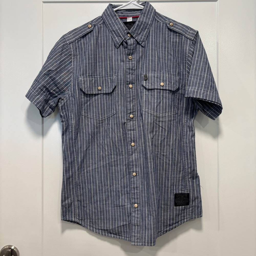 Harley Davidson Mens Blue White Striped Short Sleeve Button Up Shirt Size M